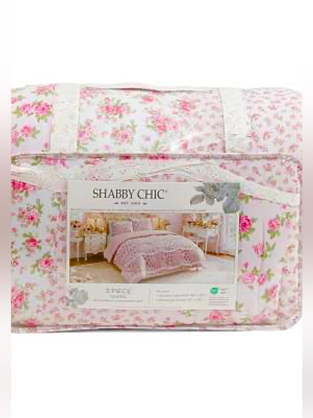 🆕- Shabby Chic 3 Piece Reversible Comforter Set - Pink/White Floral, Queen
